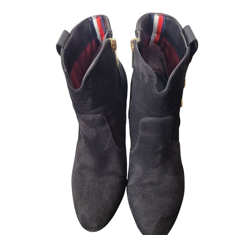 Tommy Hilfiger Domain 3 Black Suede Short Boots W/ Gold Buttons & Side Zippers S - Picture 4 of 12